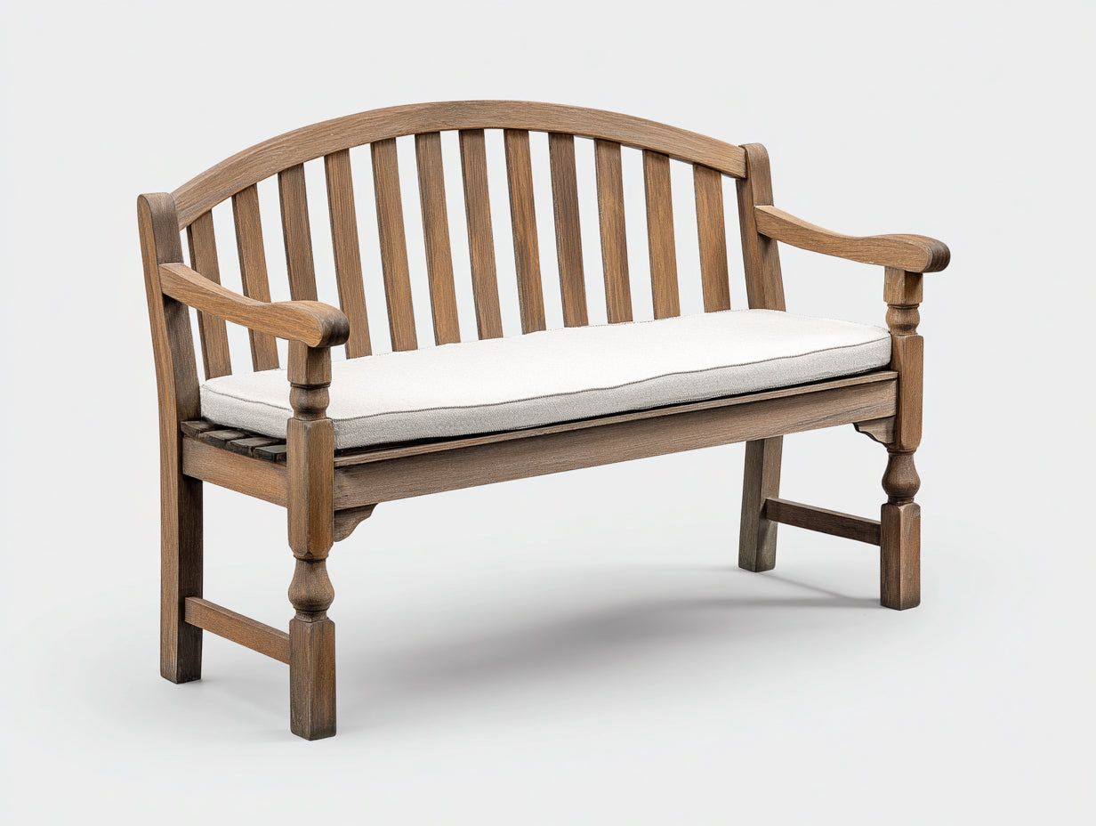 Banco de jardín de madera 145 x 62 x 95 cm - Marrón natural y beige - Respaldo curvado y asiento acolchado