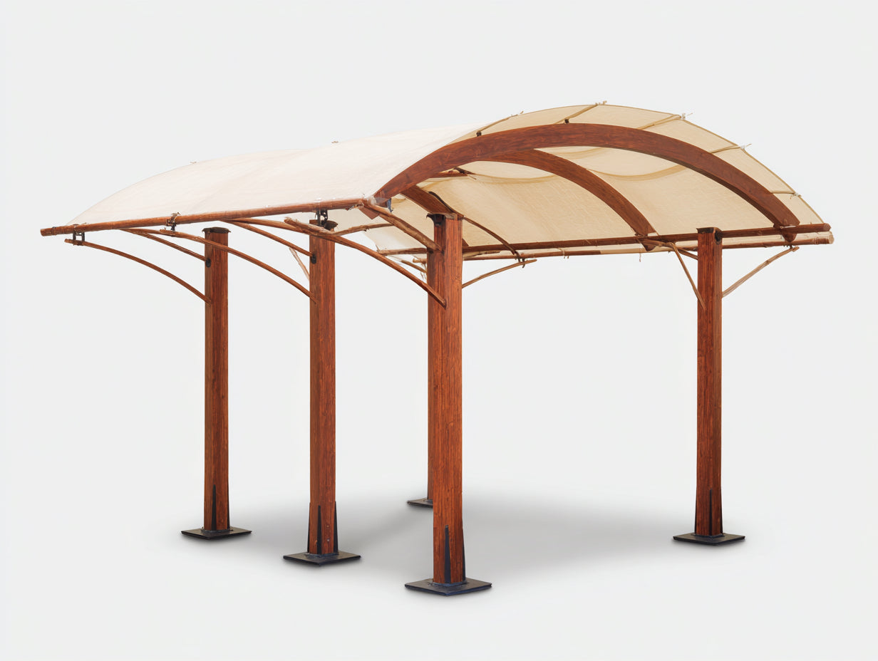 Pérgola de jardín madera acabado marrón 400 x 300 x 250 cm - estructura exterior con techo de tela - diseño moderno para jardín y terraza