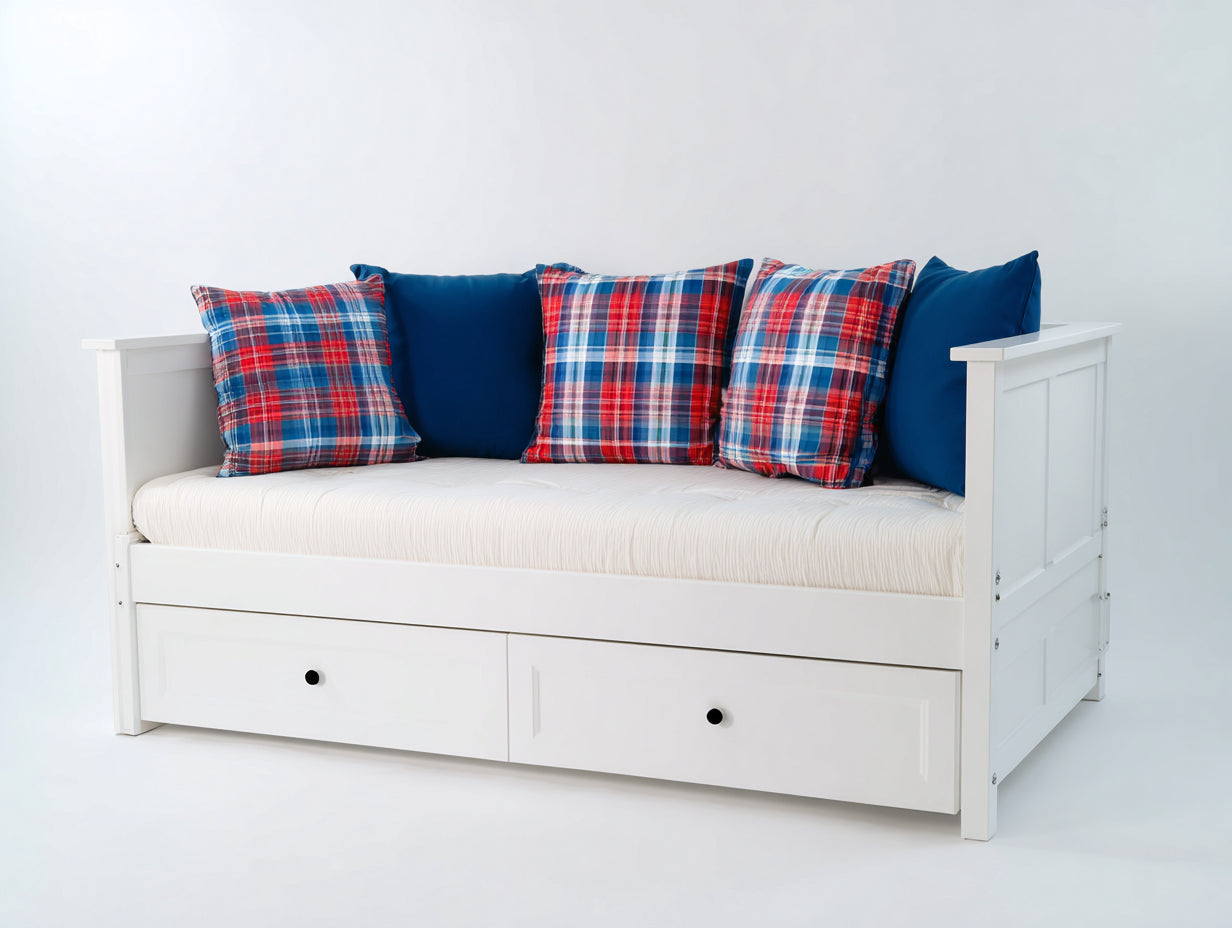 Sofá cama de madera 210 x 96 x 92 cm - Blanco y azul - Dos cajones integrados