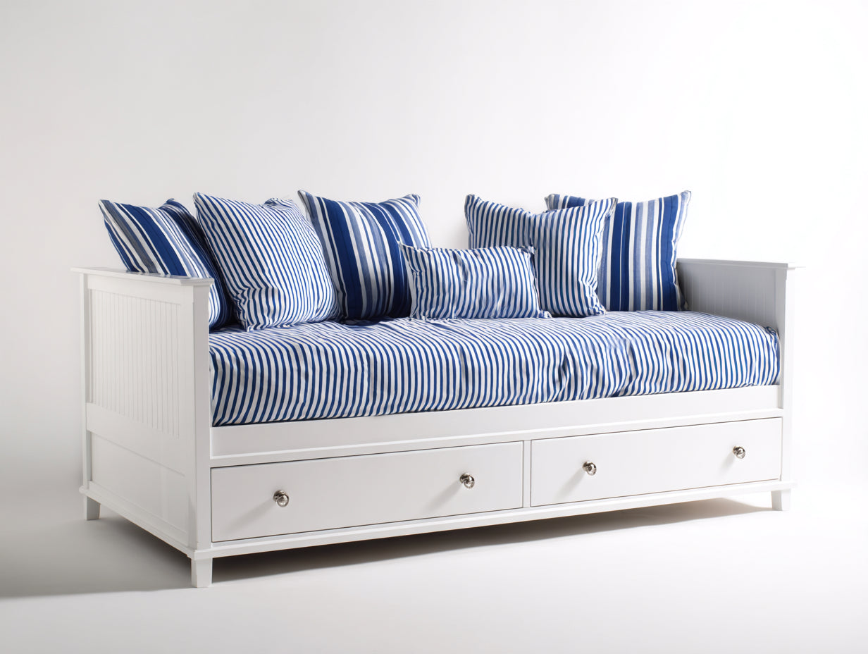 Sofá cama de madera 205x95x88 cm - Blanco y azul - Diseño individual con 2 cajones