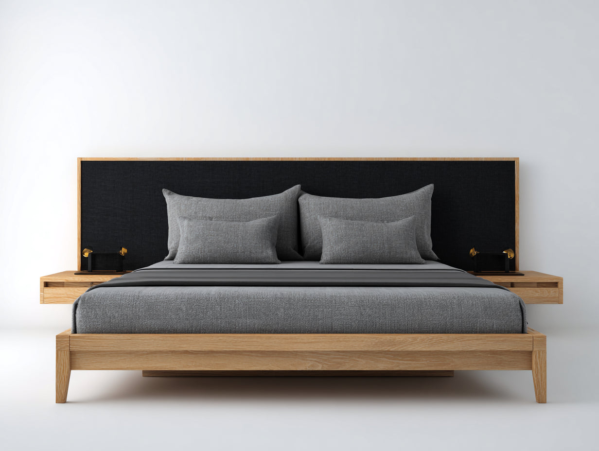 Camas dobles de madera 200x180x120 cm - Madera natural-Negro-Gris - Cabecero tapizado ancho con mesitas laterales integradas para dormitorio
