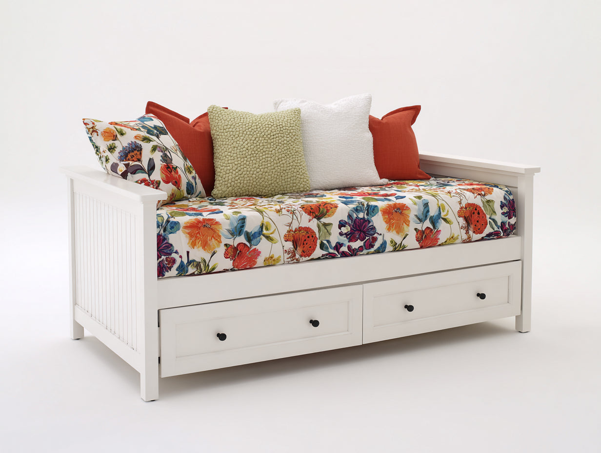 Sofás cama madera acabado blanco 200 x 100 x 90 cm - cama individual convertible con cajones - diseño clásico para dormitorio