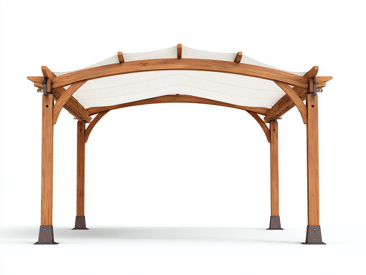 Pérgola de jardín de madera y metal 310x300x252 cm - Madera natural-Beige-Negro - Techo curvo con cubierta textil para terraza y patio