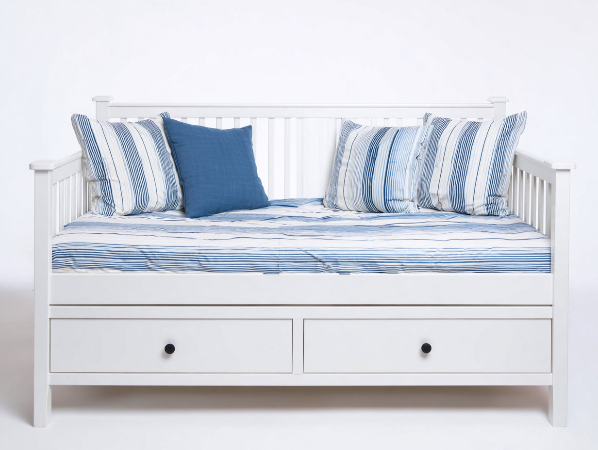 Sofás cama de madera 200x100x95 cm - Blanco-Azul - Diseño de día con 2 cajones de almacenamiento para dormitorio y habitación de invitados