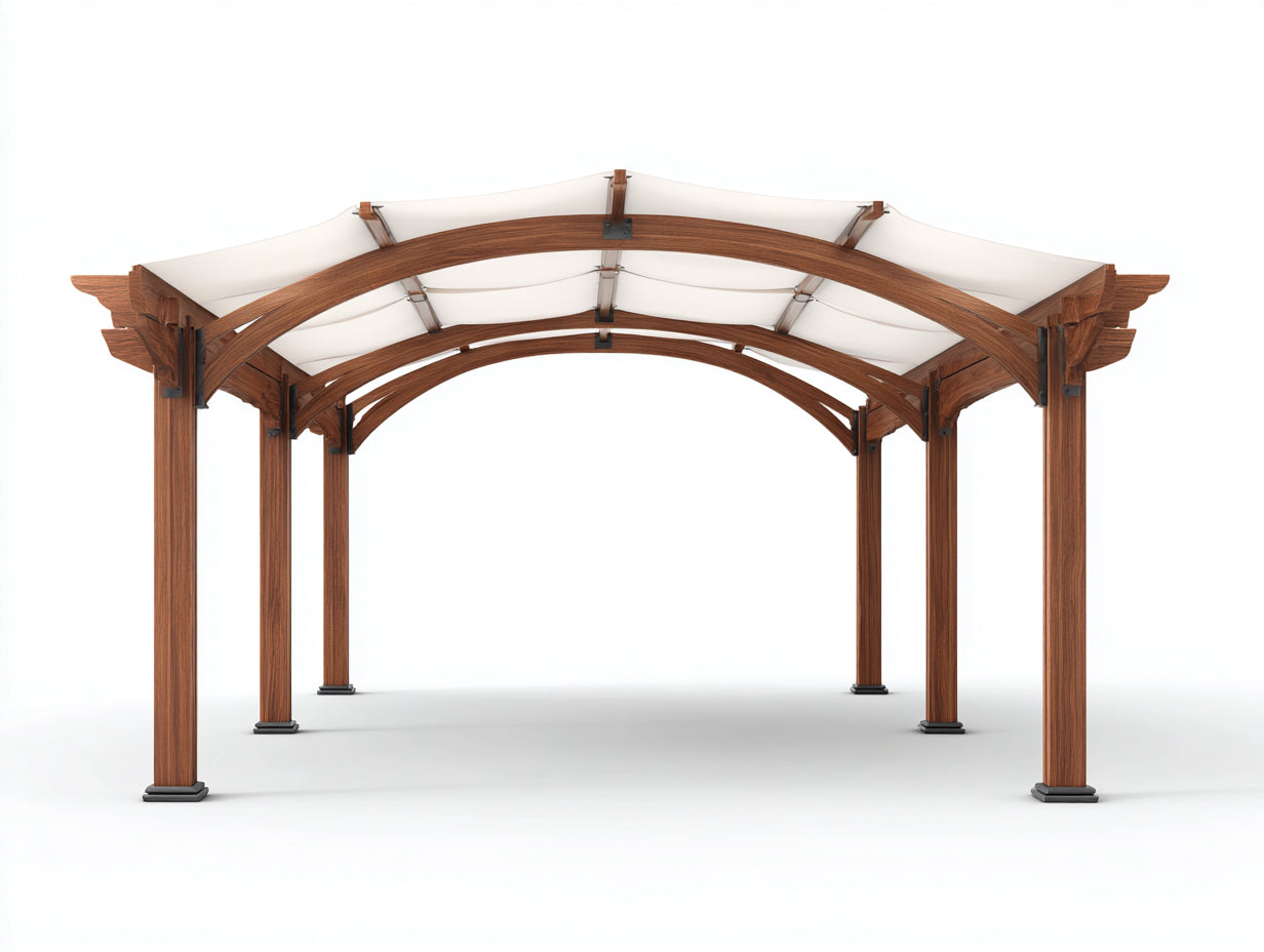 Pérgola de jardín madera acabado marrón 500 x 400 x 250 cm - estructura exterior con cubierta de tela - diseño elegante para jardín y terraza