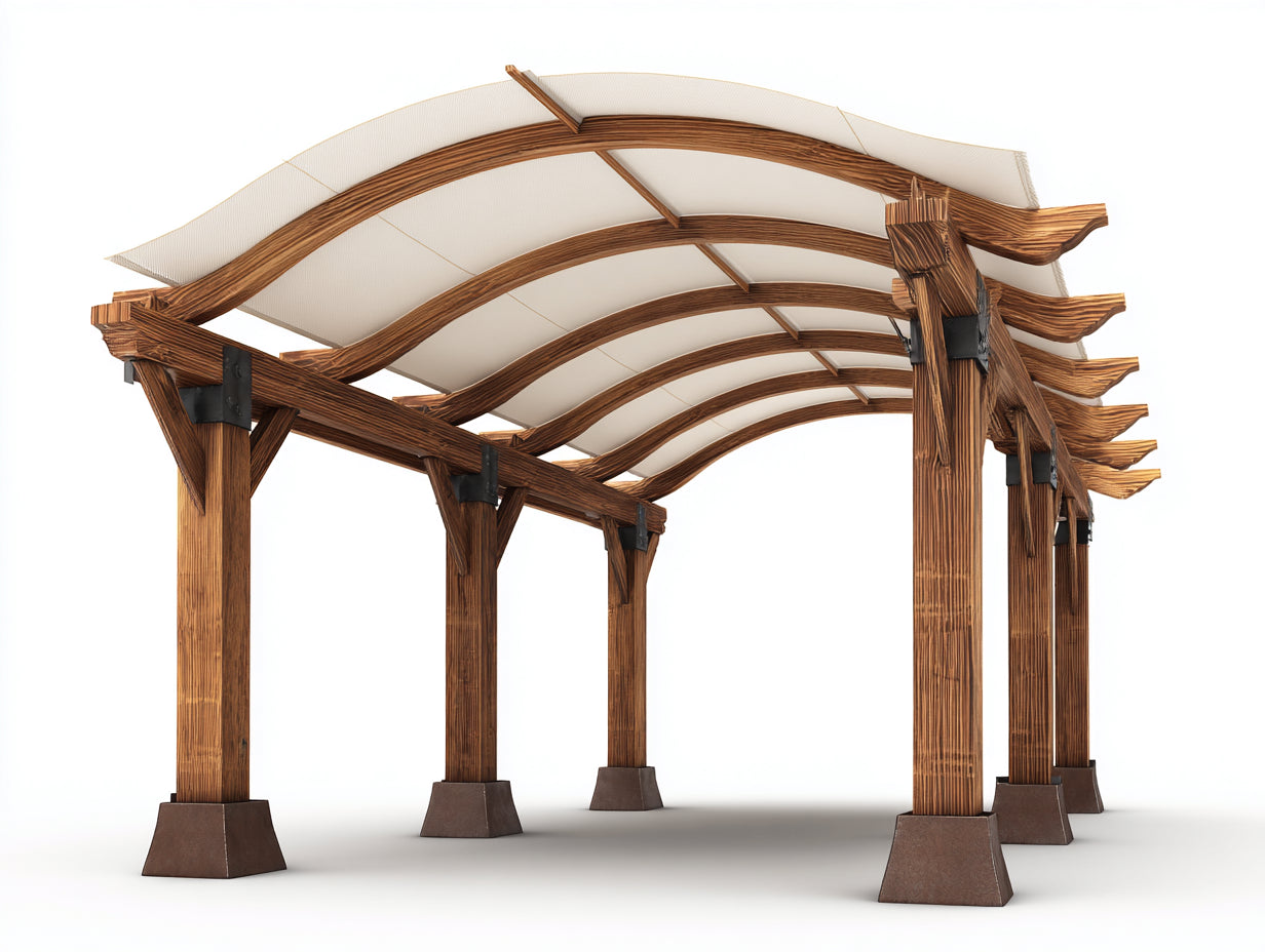 Pérgola de jardín de madera 400 x 300 x 260 cm - Marrón-Blanco - Cubierta curva y estructura de 6 postes