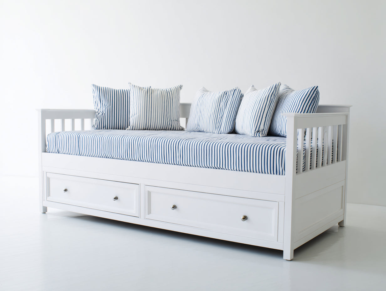 Sofá cama de madera 210 x 98 x 96 cm - Blanco y azul - Dos cajones amplios integrados