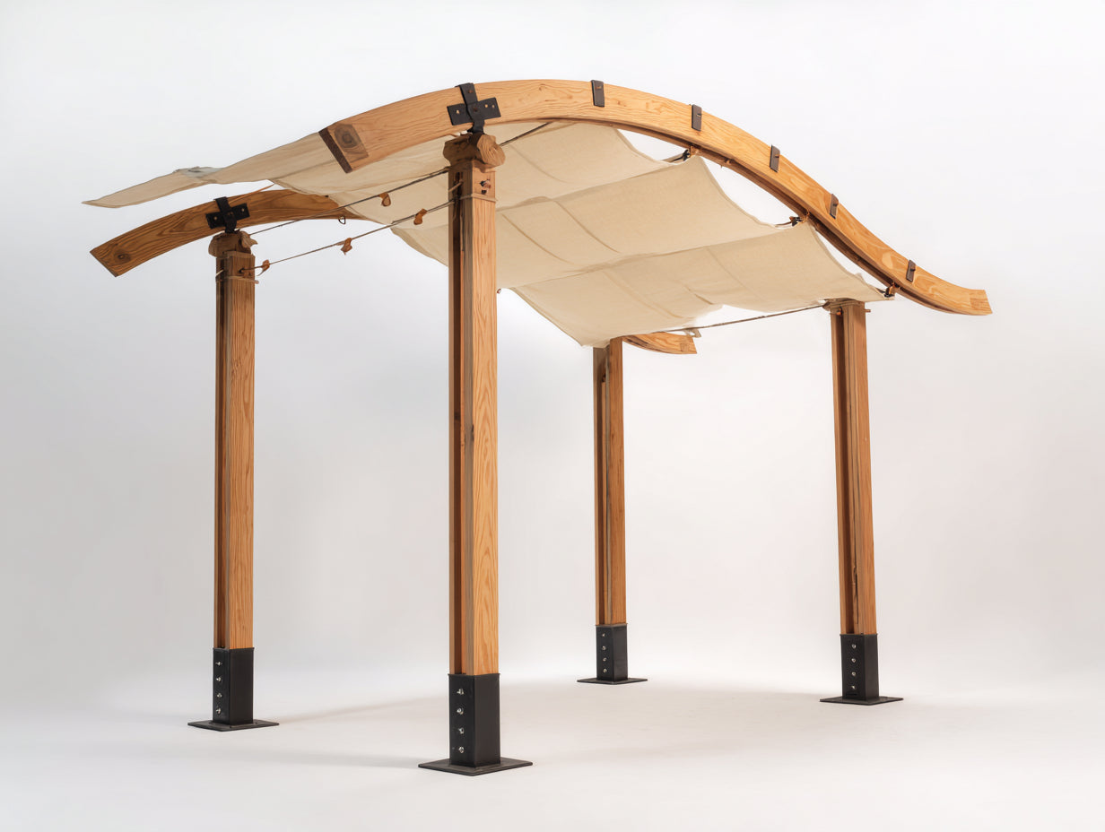 Pérgola de jardín de madera 300x300x250 cm - Marrón natural y crema - Cubierta textil arqueada regulable