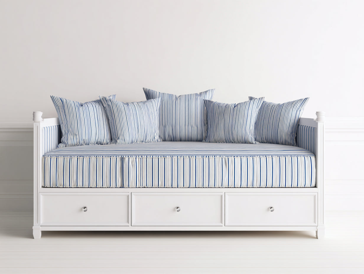 Sofá cama de madera 205x95x90 cm - Blanco y azul - Diseño individual con 3 cajones