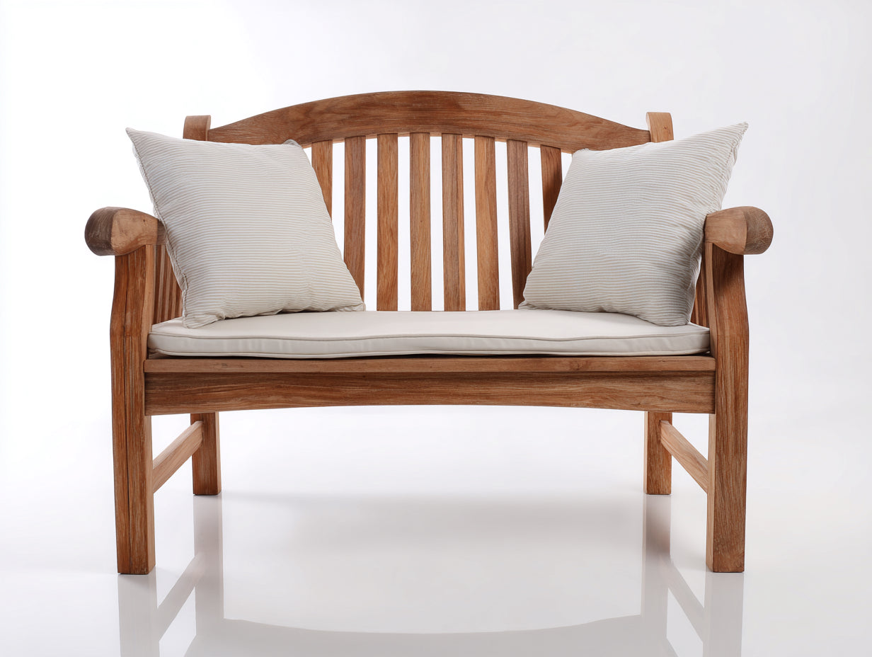 Banco de jardín de madera 130 x 65 x 92 cm - Marrón natural y beige - Respaldo curvado y asiento acolchado