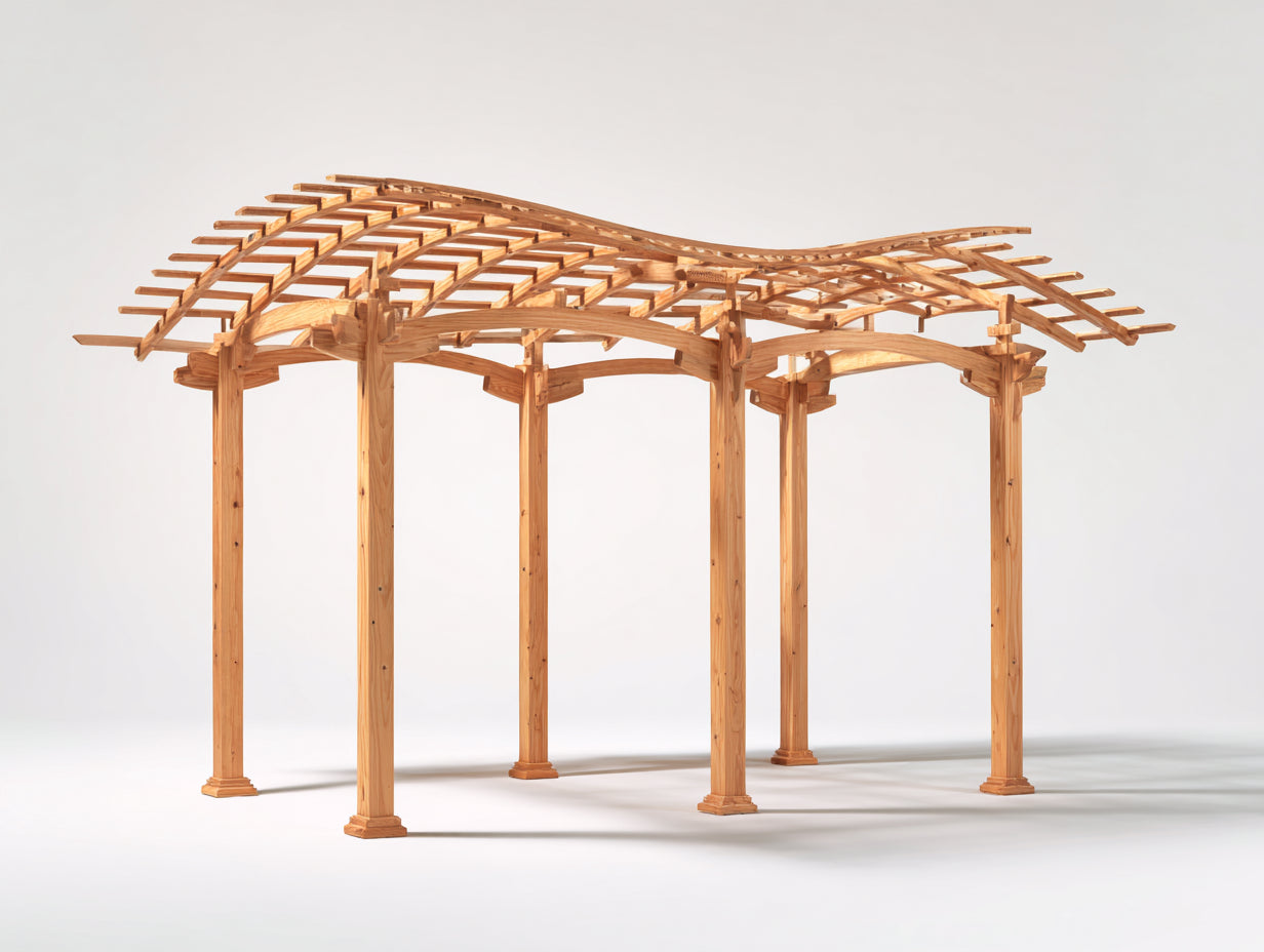 Pérgola de jardín de madera 400 x 350 x 270 cm - Madera natural - Techo abierto ondulado y estructura de 6 postes