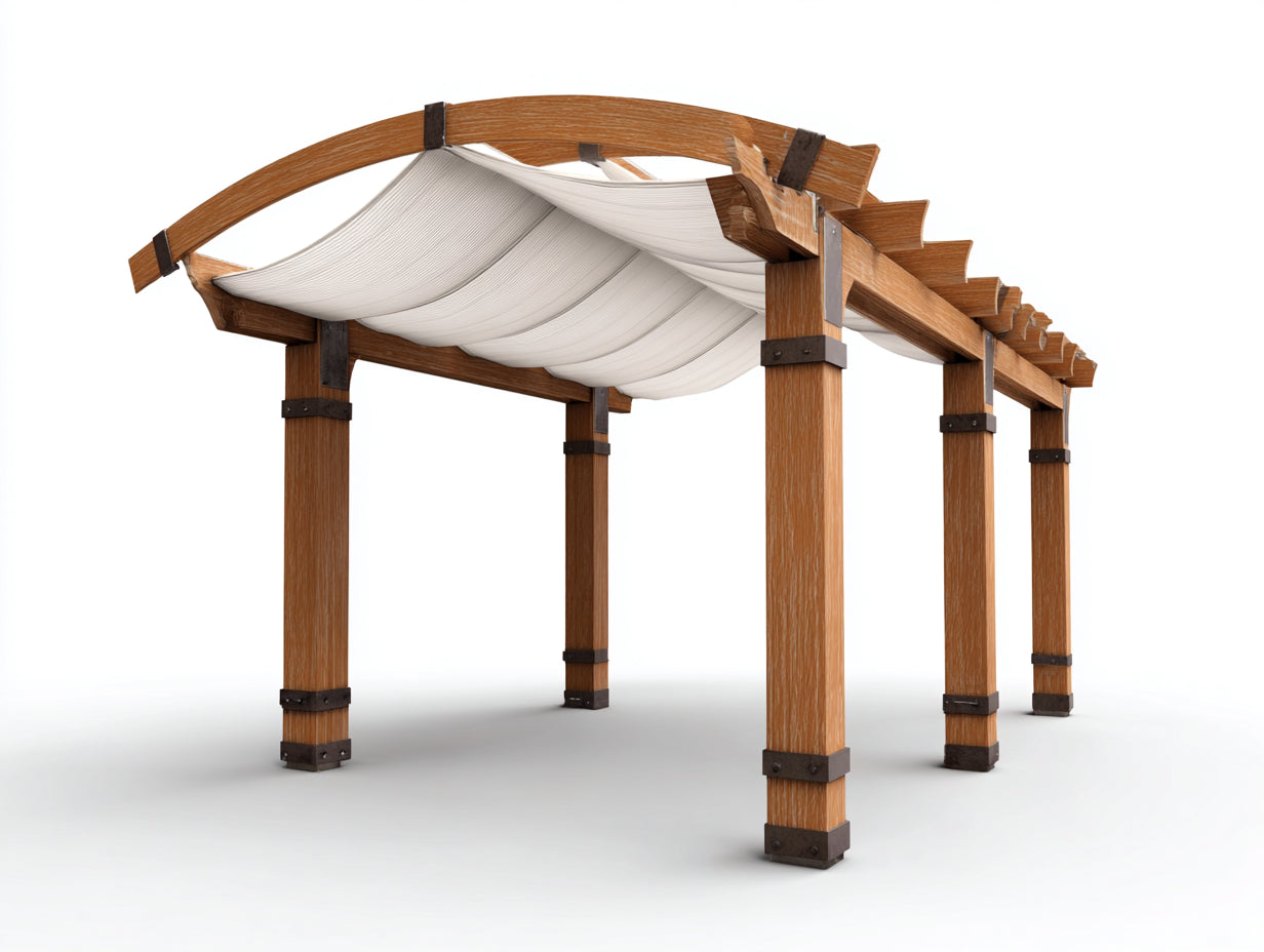 Pérgola de jardín de madera 400 x 300 x 250 cm - Marrón-Blanco - Cubierta textil ondulada y estructura de 6 postes