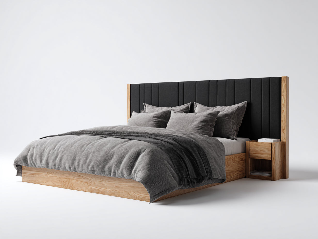 Camas dobles de madera 200x180x120 cm - Madera natural-Negro-Gris - Cabecero tapizado vertical con mesita lateral integrada para dormitorio