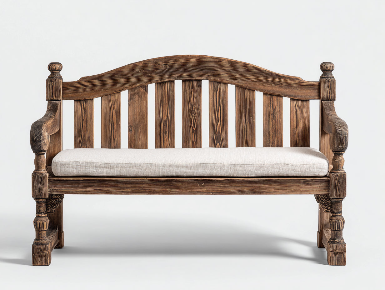 Bancos de jardín de madera 150 x 60 x 92 cm - Marrón oscuro-Beige - Banco para 2 personas con respaldo de listones y detalles tallados