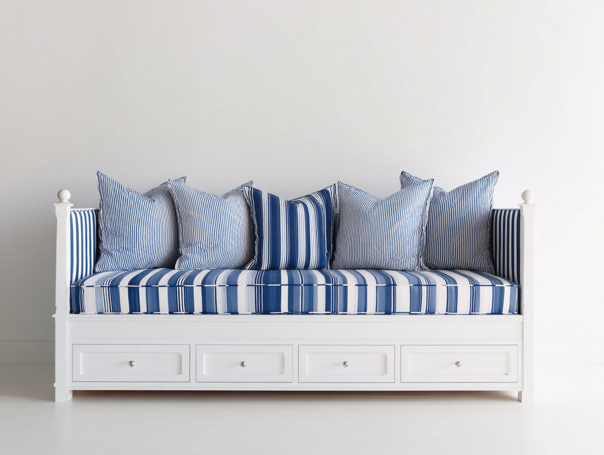 Sofá cama de madera 210 x 95 x 95 cm - Blanco y azul - Cuatro cajones integrados