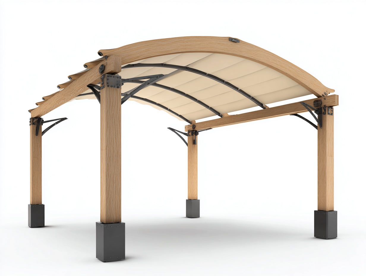 Pérgola de jardín de madera y metal 300x300x250 cm - Madera natural-Beige-Negro - Techo curvo con cubierta textil para terraza y patio