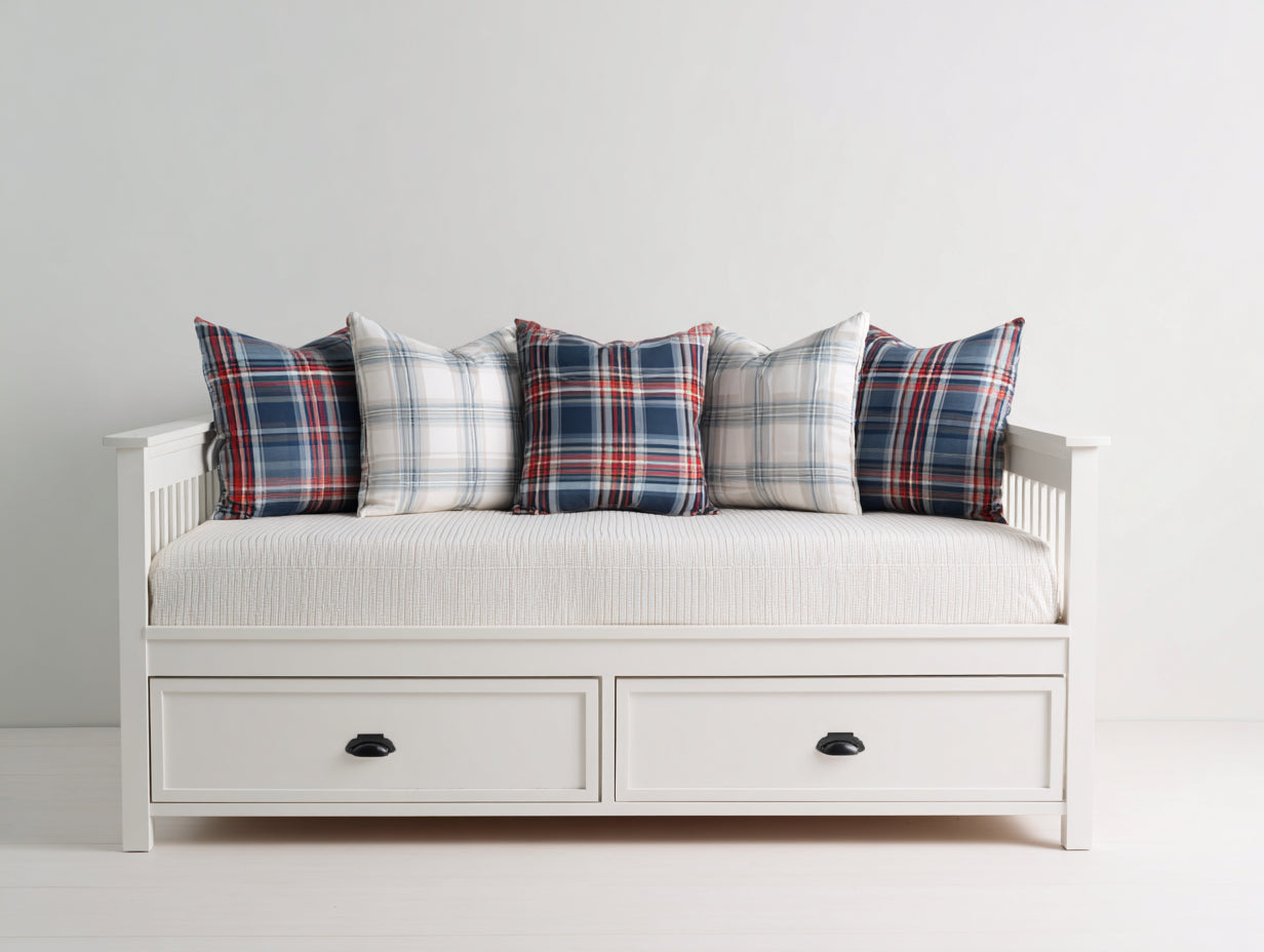 Sofá cama de madera 205x95x88 cm - Blanco y beige - Diseño individual con 2 cajones