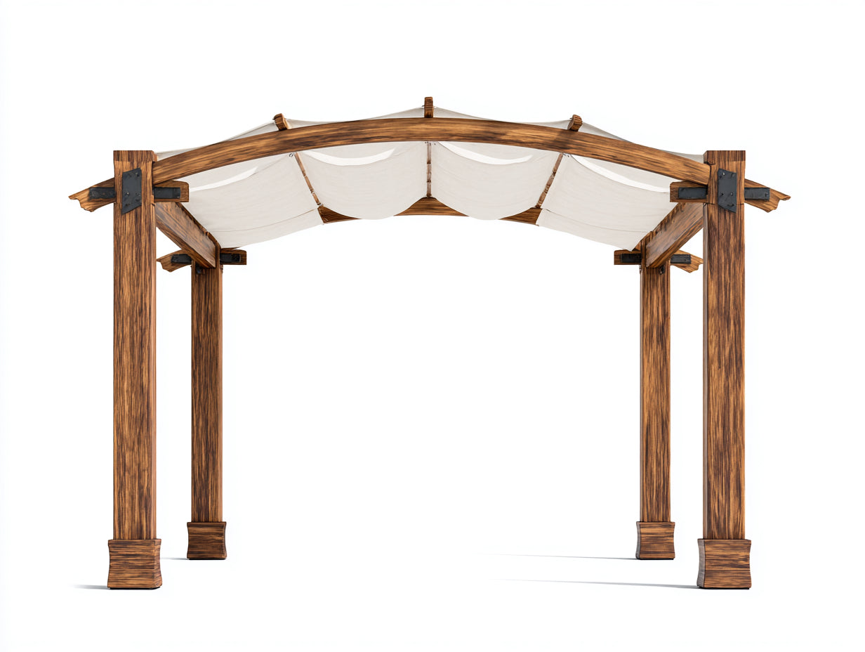 Pérgola de jardín madera acabado marrón 300 x 300 x 250 cm - estructura exterior con techo de tela - diseño clásico para jardín y terraza