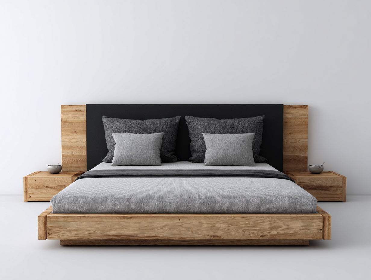 Cama doble de madera 220x180x110 cm - Marrón natural y negro - Cabecero amplio de diseño moderno