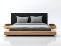 Camas dobles de madera 240 x 220 x 110 cm - Madera natural-Gris oscuro - Plataforma baja con cabecero tapizado y mesitas laterales