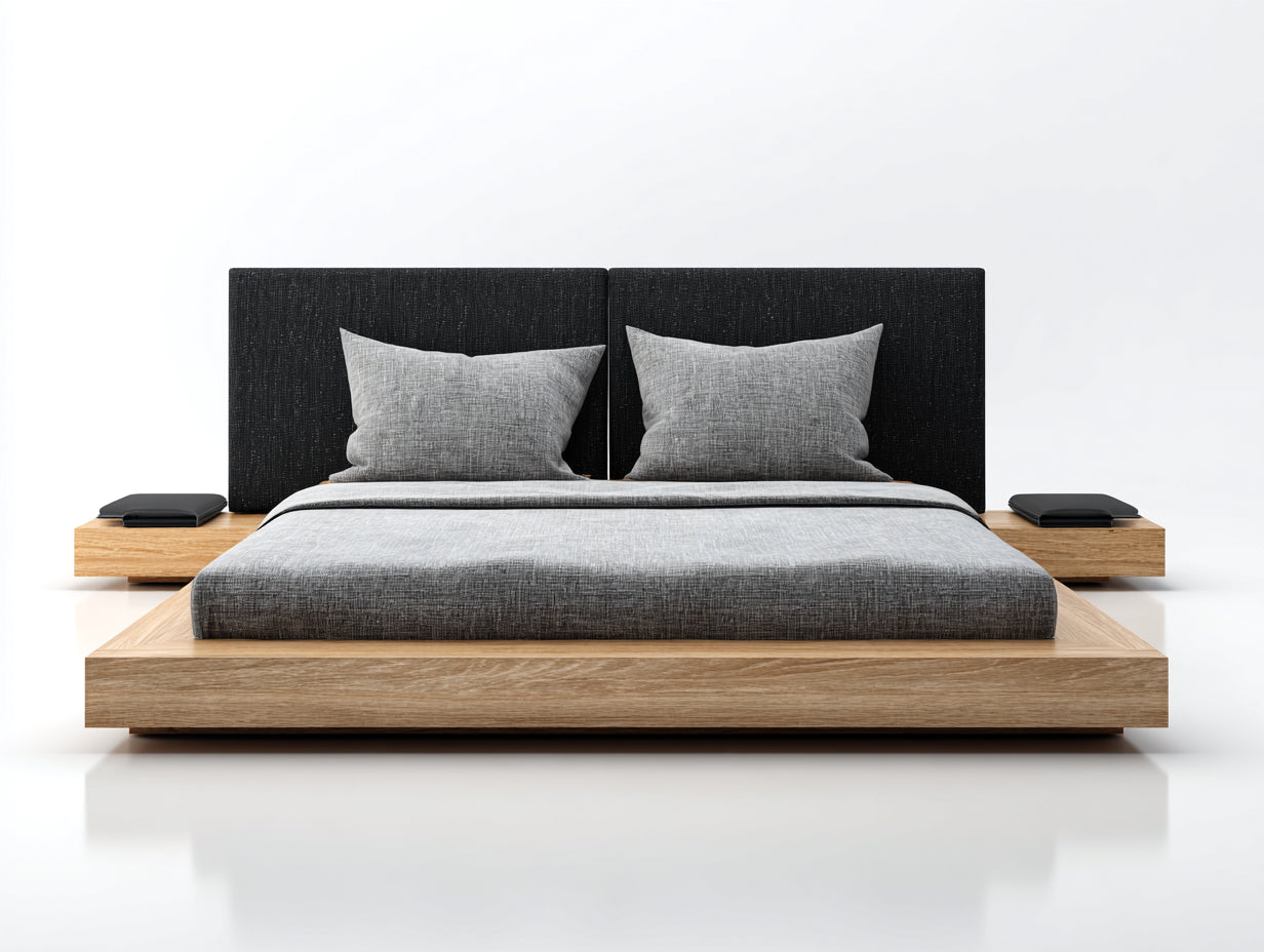 Camas dobles de madera 240 x 220 x 110 cm - Madera natural-Gris oscuro - Plataforma baja con cabecero tapizado y mesitas laterales