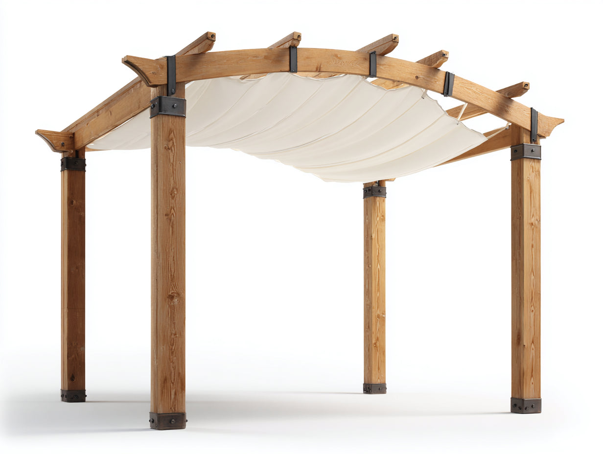 Pérgola de jardín de madera 300 x 300 x 250 cm - Marrón natural y beige - Toldo textil deslizante