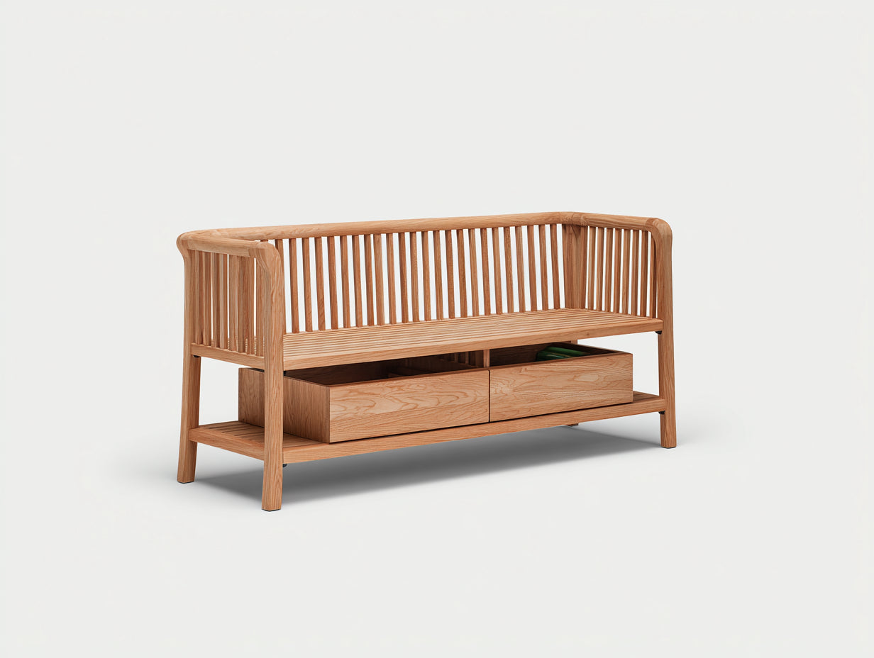 Banco de jardín de madera 150x60x90 cm - Marrón natural - Respaldo de listones y 2 cajones