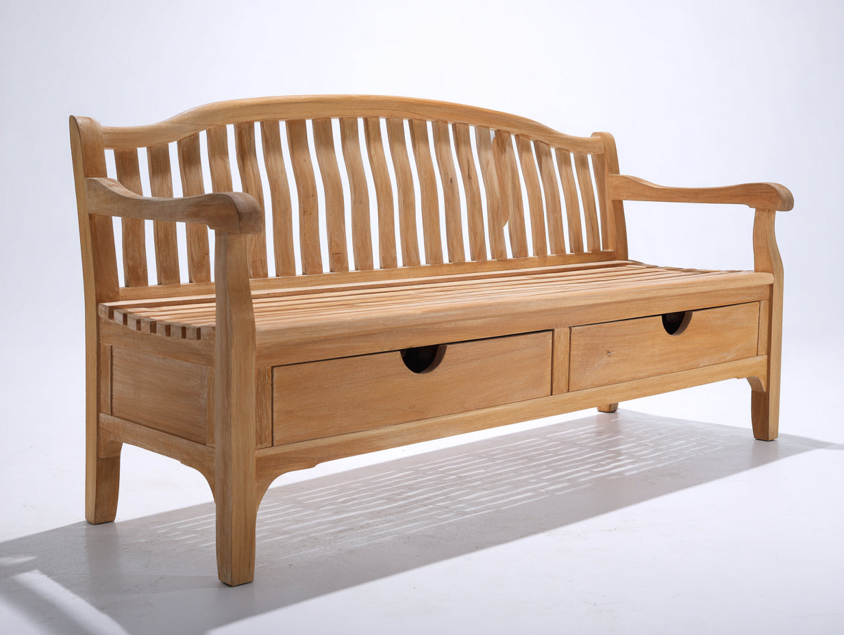 Bancos de jardín de madera maciza 175x64x91 cm - Madera natural - Respaldo curvado con 2 cajones de almacenamiento y reposabrazos para terraza y patio