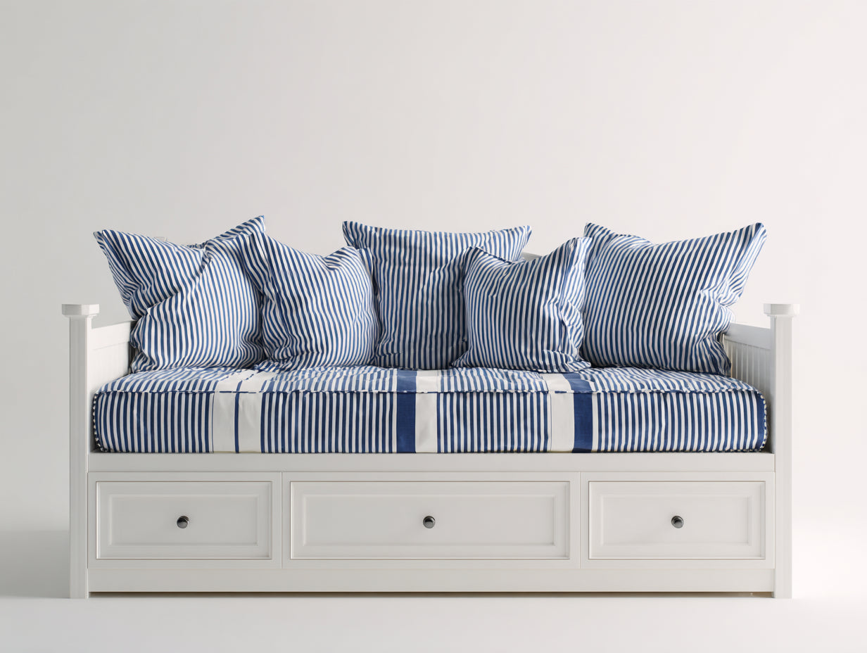 Sofá cama de madera 210 x 96 x 94 cm - Blanco y azul - Tres cajones integrados