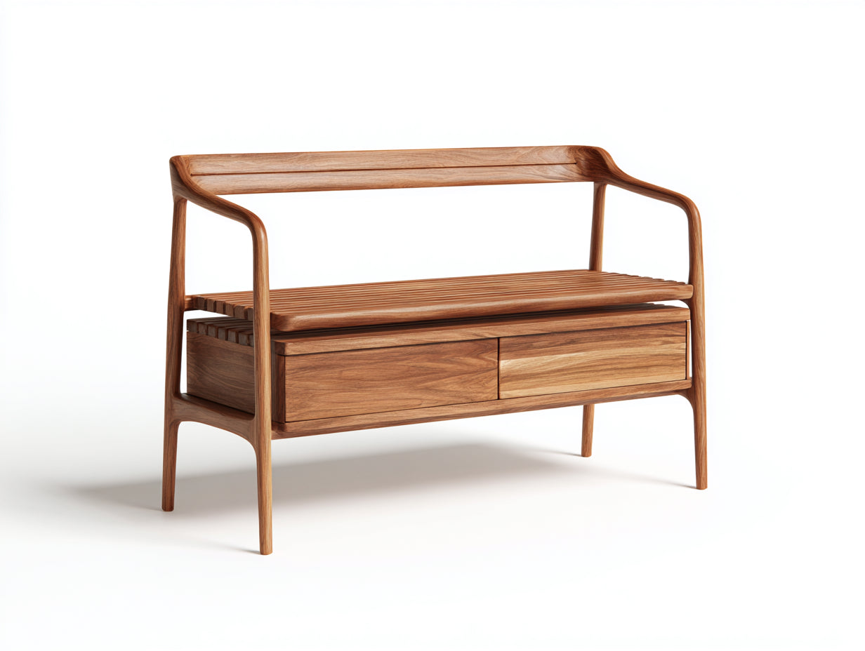 Banco de jardín de madera 145x55x90 cm - Marrón natural - Diseño con respaldo y 2 cajones