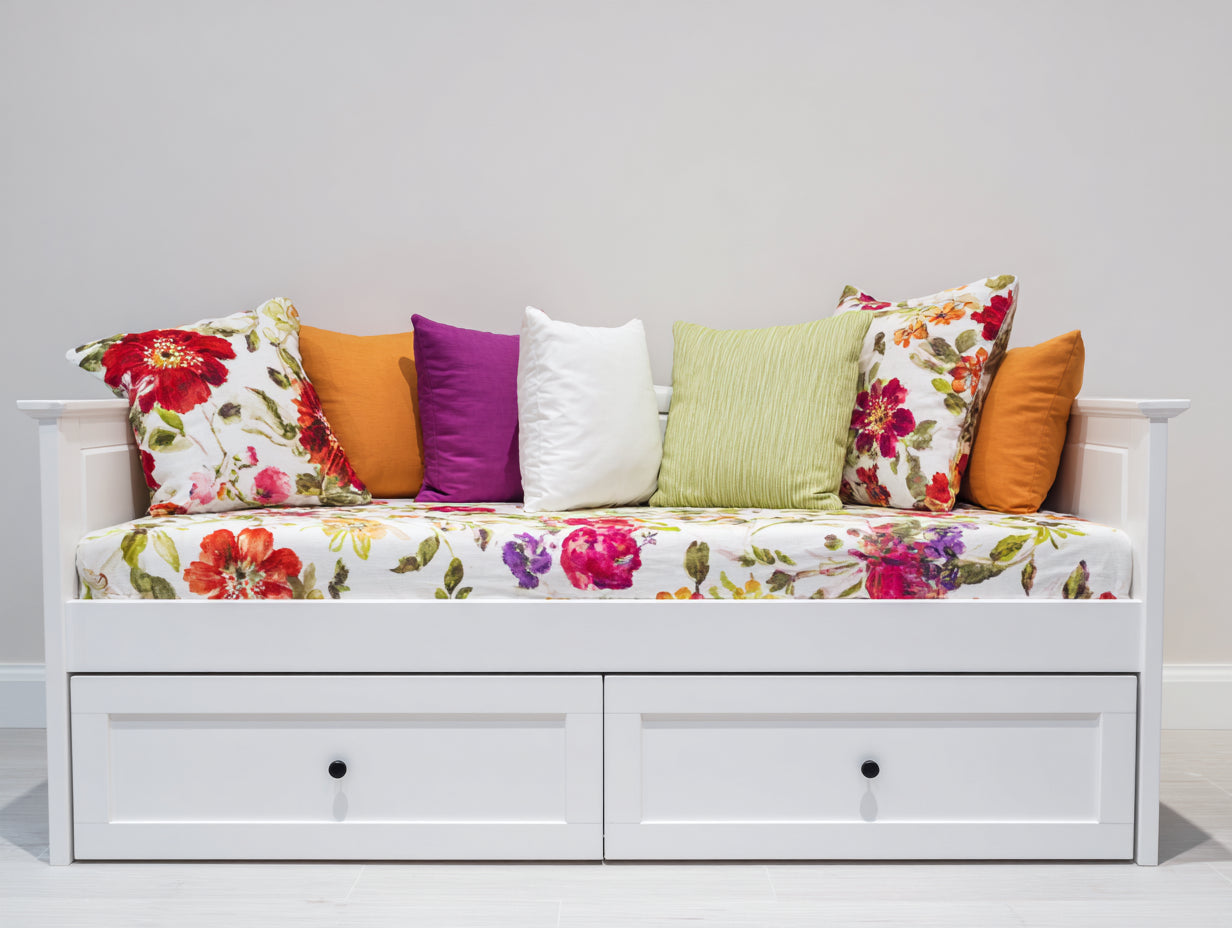 Sofá cama de madera 205x95x88 cm - Blanco y multicolor - Diseño individual con 2 cajones