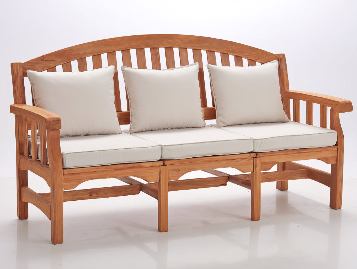 Banco de jardín de madera 180x65x105 cm - Marrón natural y crema - Diseño de 3 plazas con respaldo curvado