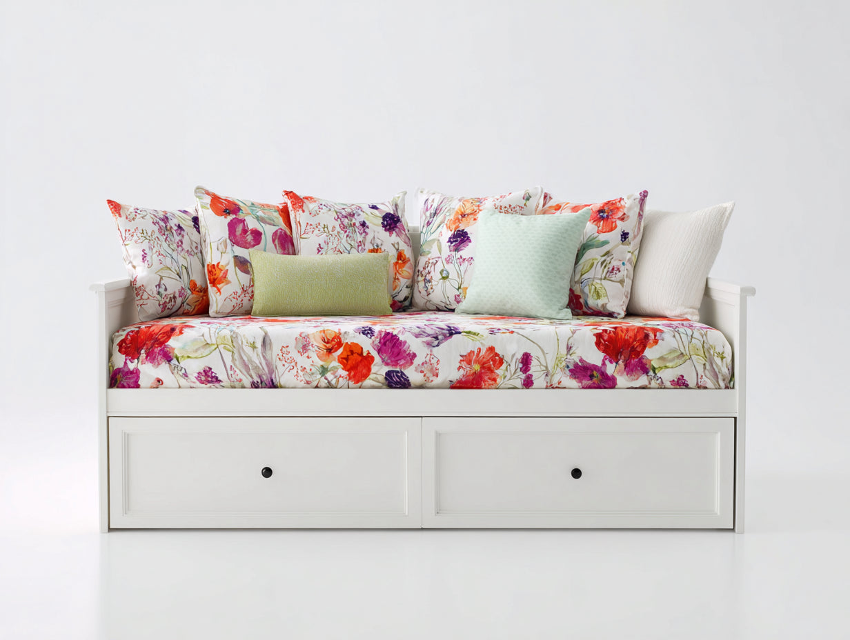Sofá cama de madera 205 x 95 x 92 cm - Blanco y multicolor - Dos cajones integrados